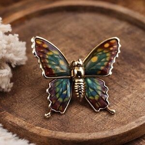 Vintage Cloisonné Style Butterfly Brooch • Iridescent Enamel • Gold Tone